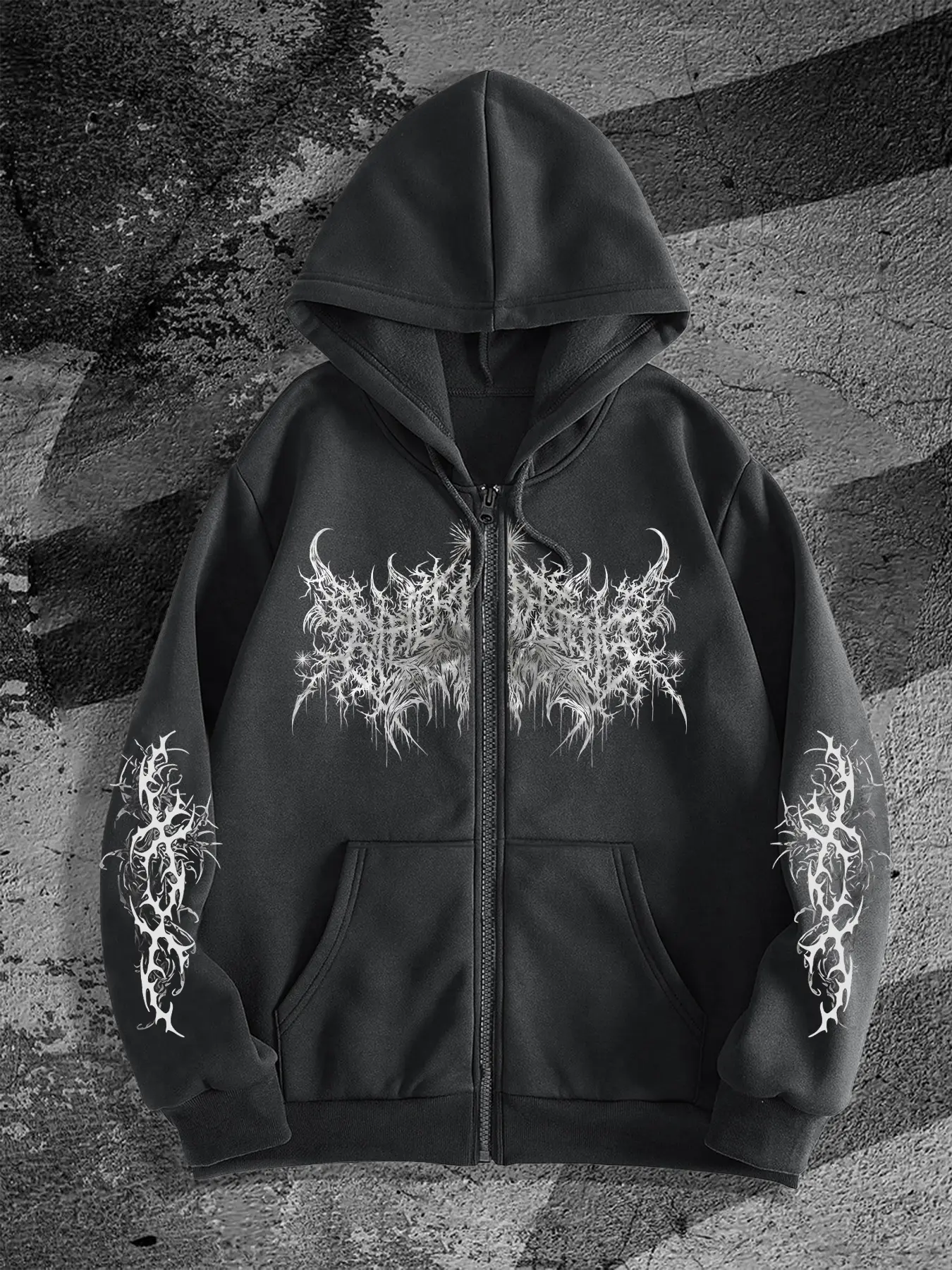 Original Print Zip Hoodie, Dark Style Streetwear, Fitted Long Sleeve, Pockets Design, Perfect for Casual & School