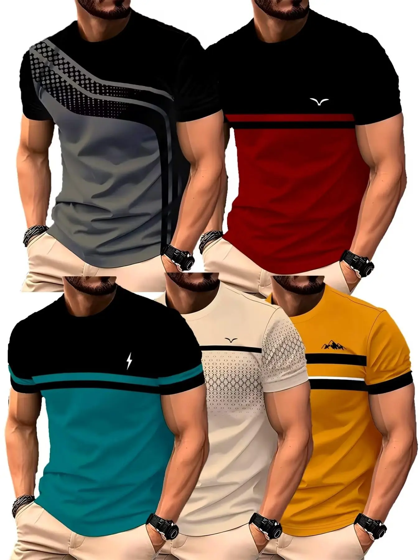 5-Pack Men's Short Sleeve T-Shirts, Casual Loose-Fit All-Over Print, Summer Round Neck Tops, Daily Commute & Fitness Wear
