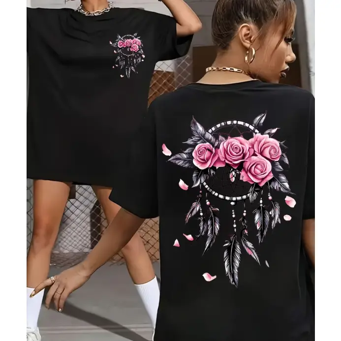 Women's Boho Double-Sided Rose Dreamcatcher Graphic Cotton T-Shirt - Soft, Baggy, Loose, Casual Oversized Tee, Summer Vibes, Ideal Valentine Gift For Her, Bohemian