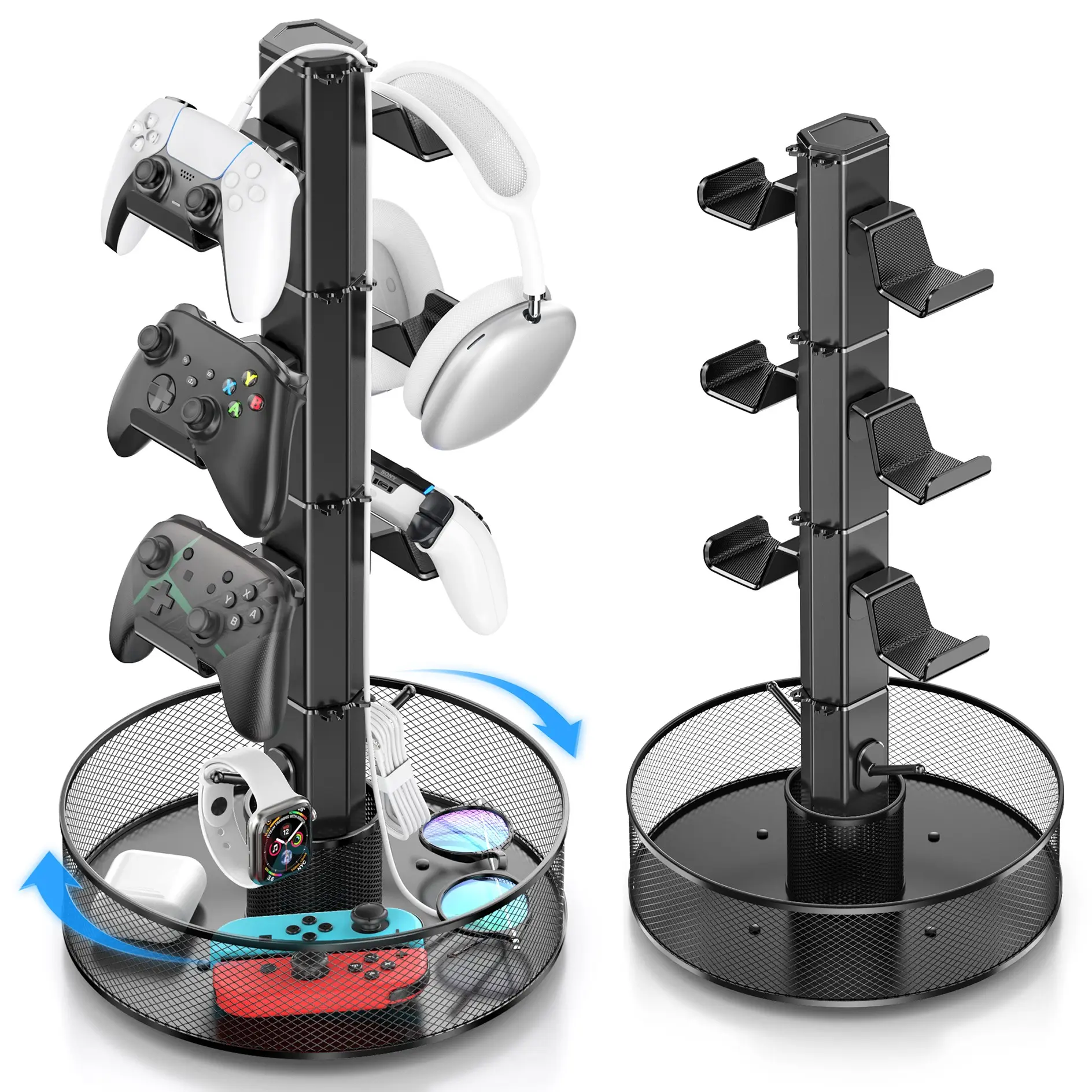 Rotatable Aluminium Gaming Controller Holder for Desk, Controller Stand with Storage Basket & Cable Organizer, Compatible with PS5, PS4, Xbox, Switch & PC Controllers, Ideal for Gaming Accessories Storage & Desk Organization