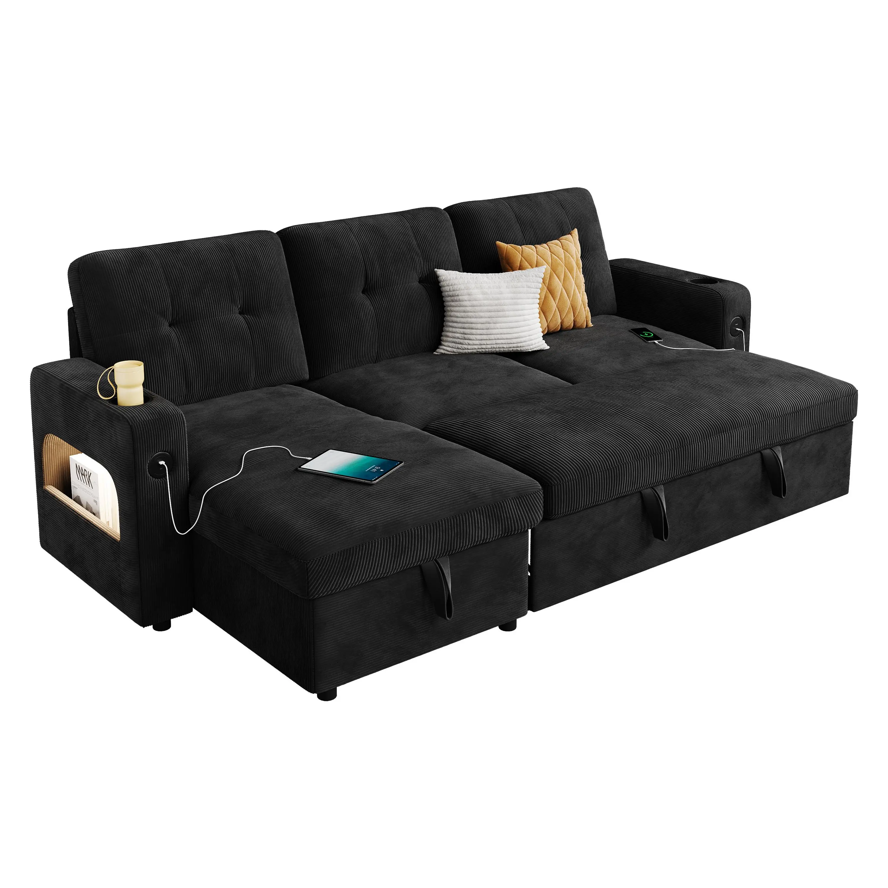 Modern Comfort L-Shaped Sleeper Sofa Bed - 84" Pull-Out Sectional Couch with Storage, Charging Station, LED Lights - Versatile Indoor Furniture