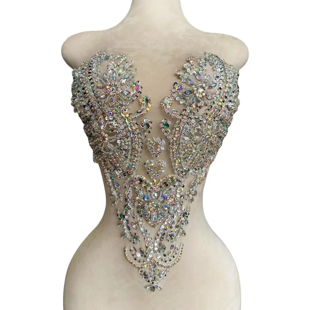 Handmade Bodice Rhinestones Applique Sewing Glass Beads Stones Crystal Trim Lace Patches for Dress Clothing Accessories 13X18inches (Clear AB)