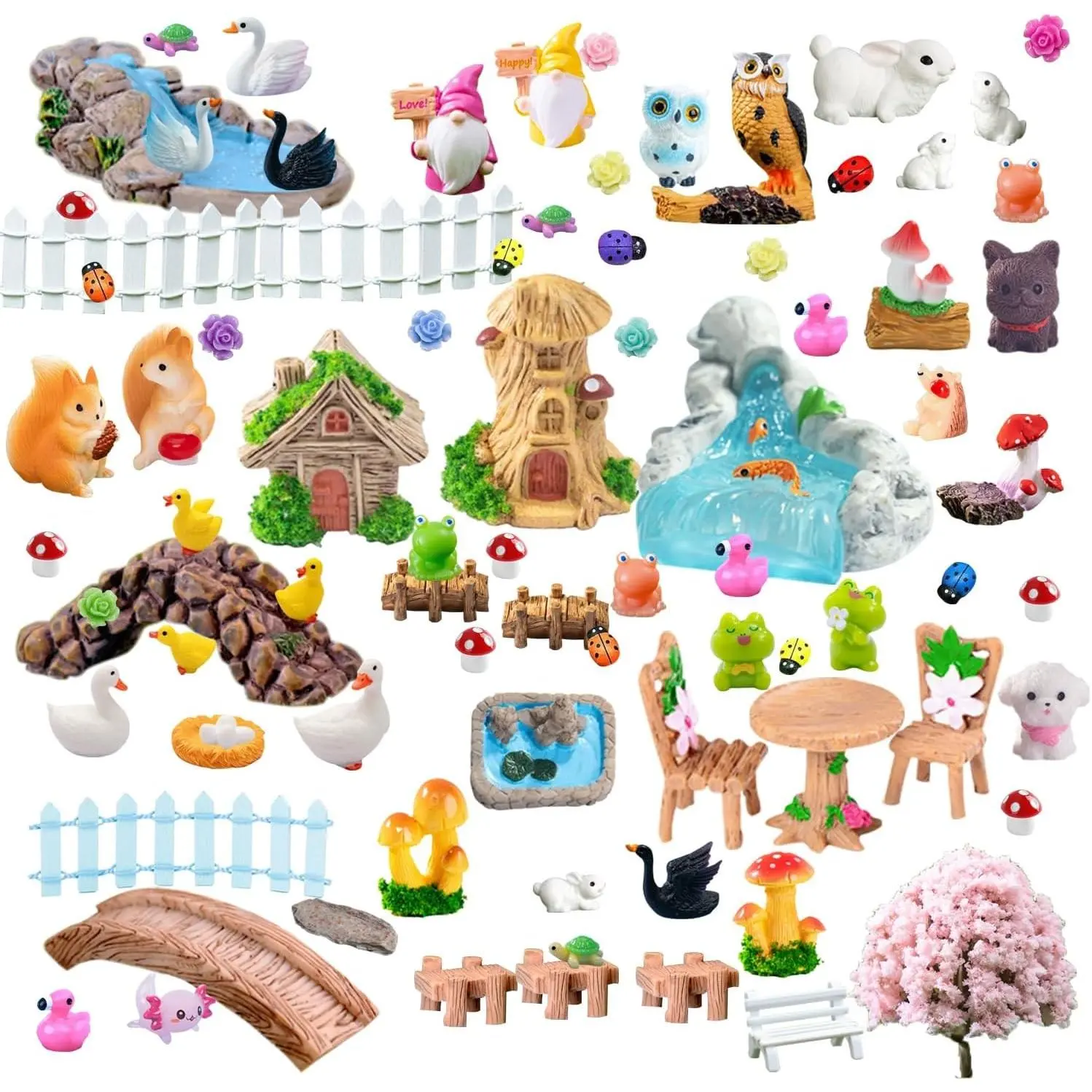 100 Pcs Mini Fairy Garden Accessories - Miniature Landscape Decorations with Bridge Pond House Gnome Figurines Mini Resin Animals Bulk Miniature Garden Figures for Dollhouse Garden Craft