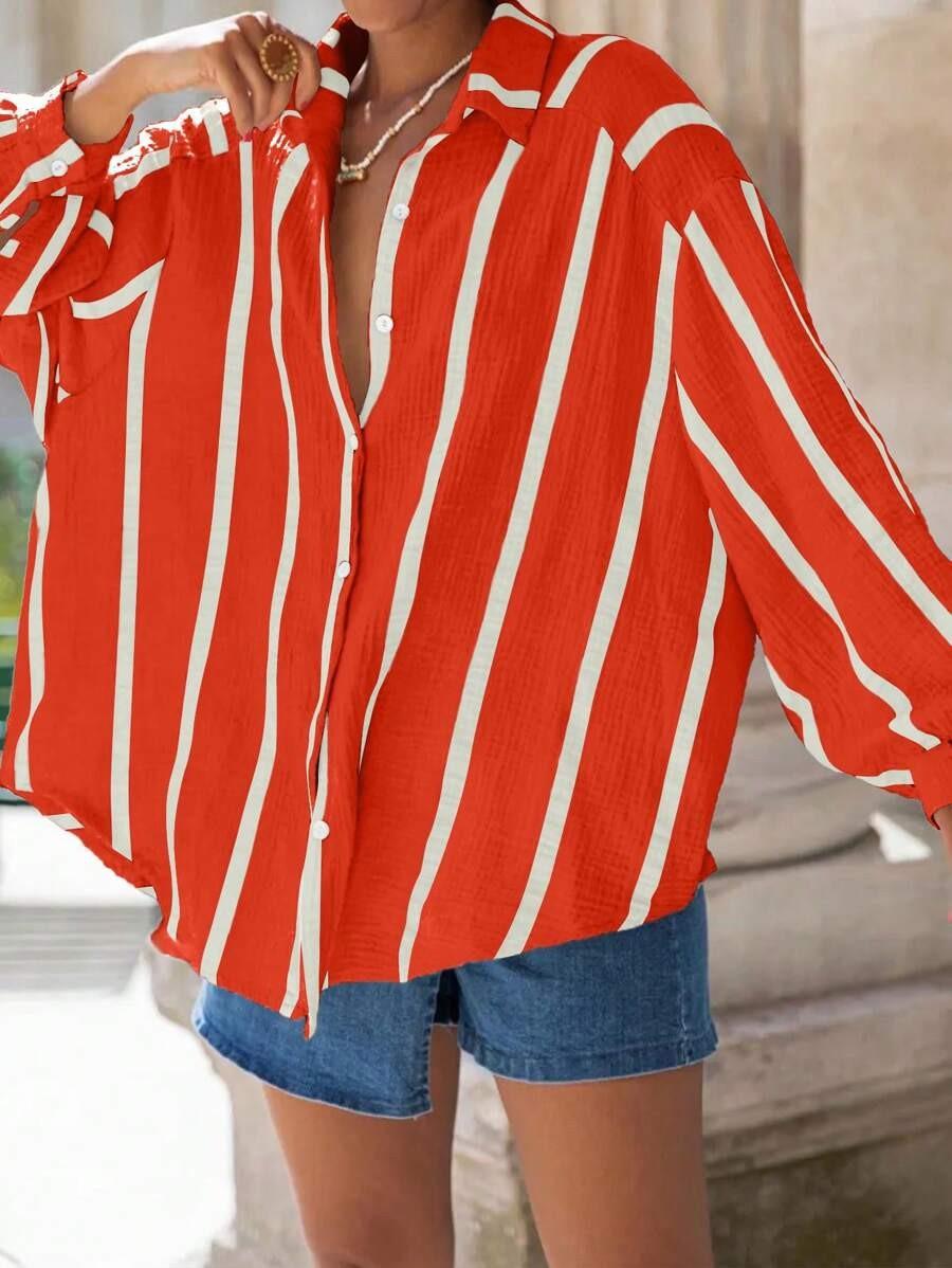 2026 European and American autumn and winter new long-sleeved button-up cardigan women's striped shirt women's vintage striped