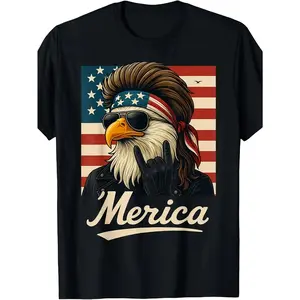 Eagle Merica Rock American Flag Patriotic Humorous 4Th of July T-Shirt Available in Unisex Style for 2026 Summer Short-Sleeve Printed Tee 180G