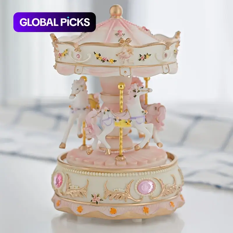 Carousel Design Rotating Music Box, Color Changing LED Lights Musical Moving Box Desk Ornament, Gift for Girl, Home Decor for Living Room Bedroom [battery Required, without Battery], Desktop Decoration Items #GLOBAL PICKS