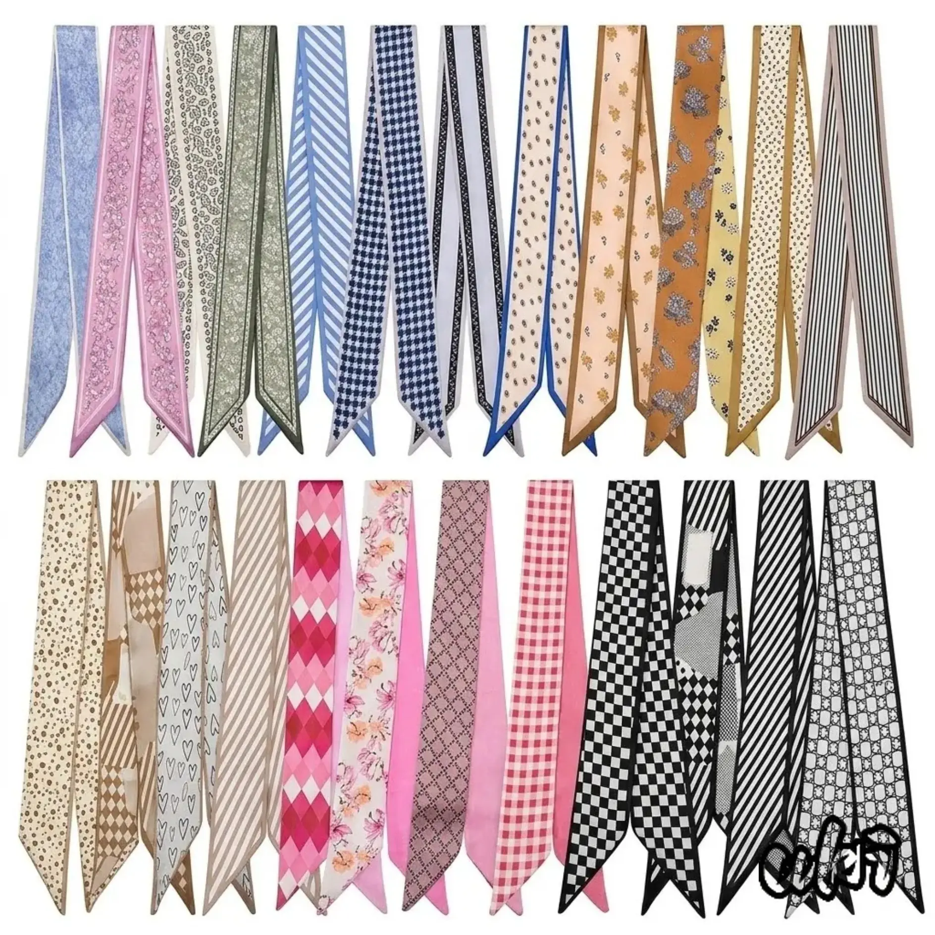 Twenty Four Pieces Fade Resistant Silk Textured Multipurpose Fabric Accessory Set In Assorted Prints, 38.6x2.7in Size Scarves Designed As Neck Wrap, Headband And Bag Trim For Womens Everyday Casual Summer Outfit Matching silicone watch band