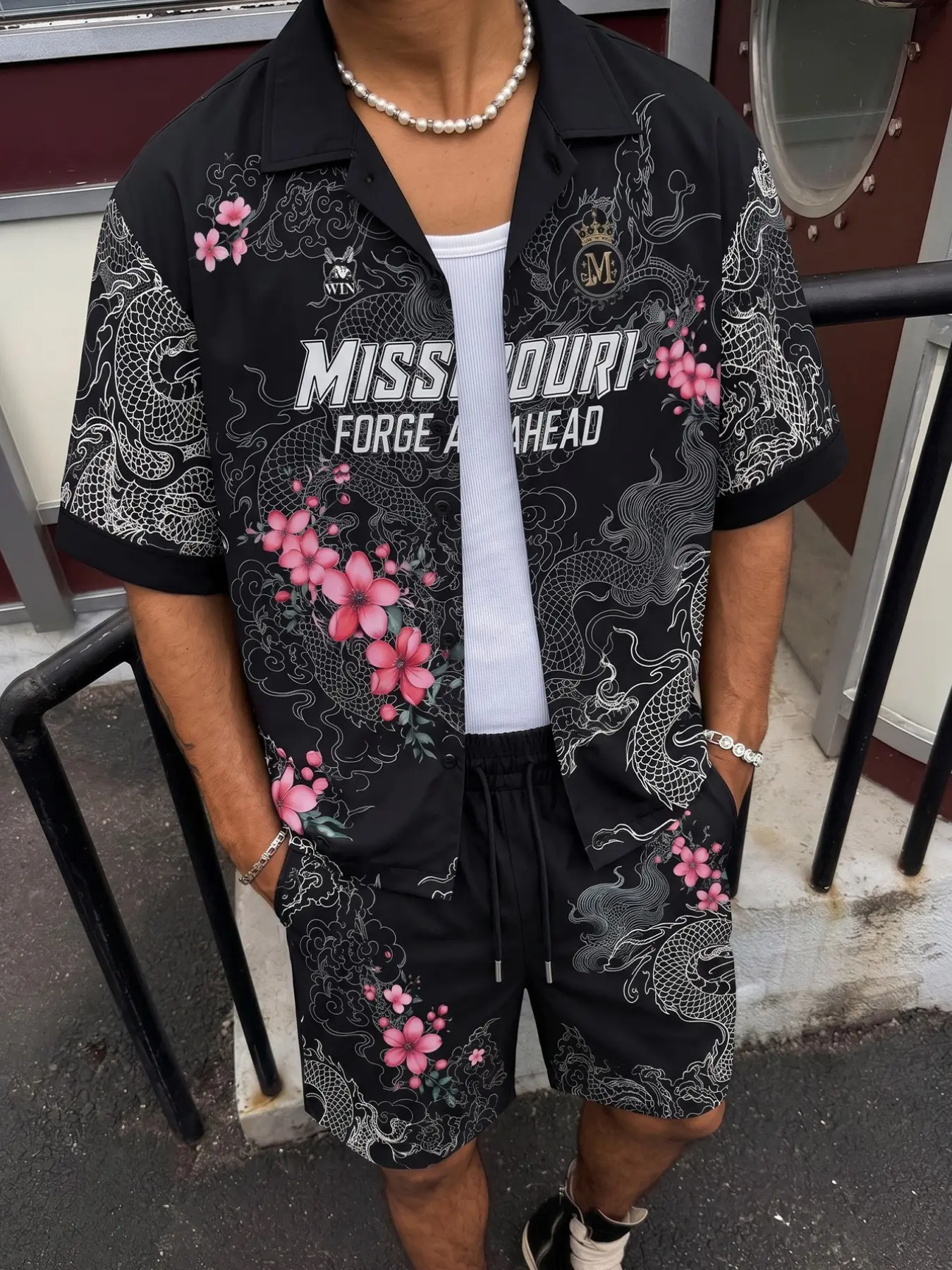 Unisex Dragon Cherry Blossom Shirt Shorts Set, Top, Fashion Streetwear, 2-Piece Ensemble, Trendy Casual Clothing