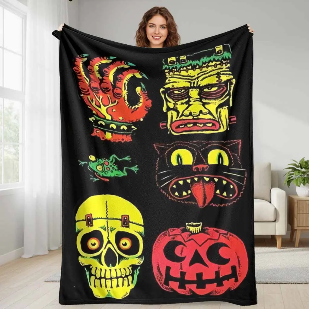 Retro Vintage Halloween Flannel Decorative Blanket - 30*40 inches, Goth Halloween Motifs (Frankenstein-Pumpkin, Black Cat), Ultra Soft Lightweight Plush, Living Room Sofa Bedding, Horror Lover Gift