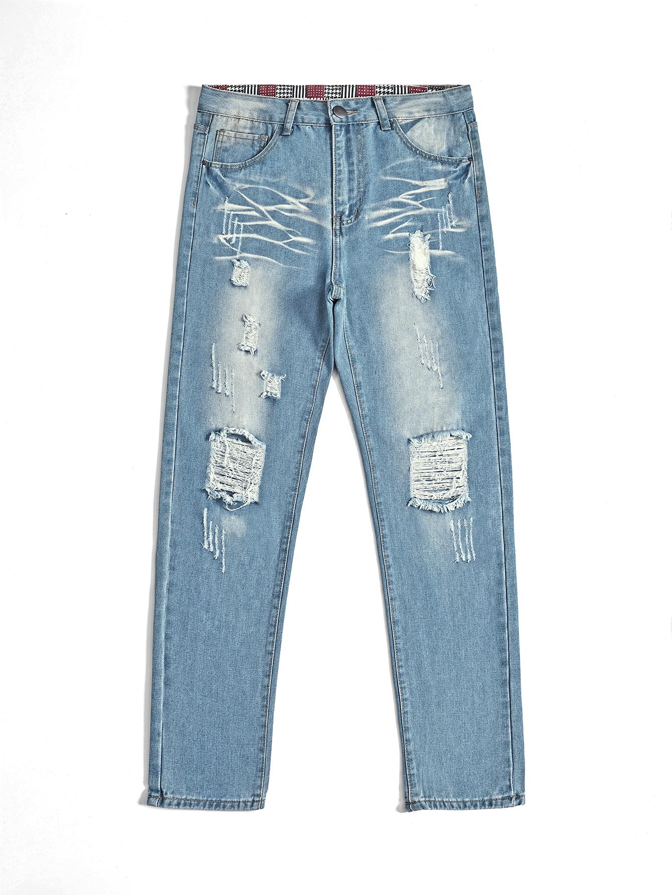 Light Blue High-Cotton Straight-Leg Jeans | Whiskering Distressed Denim