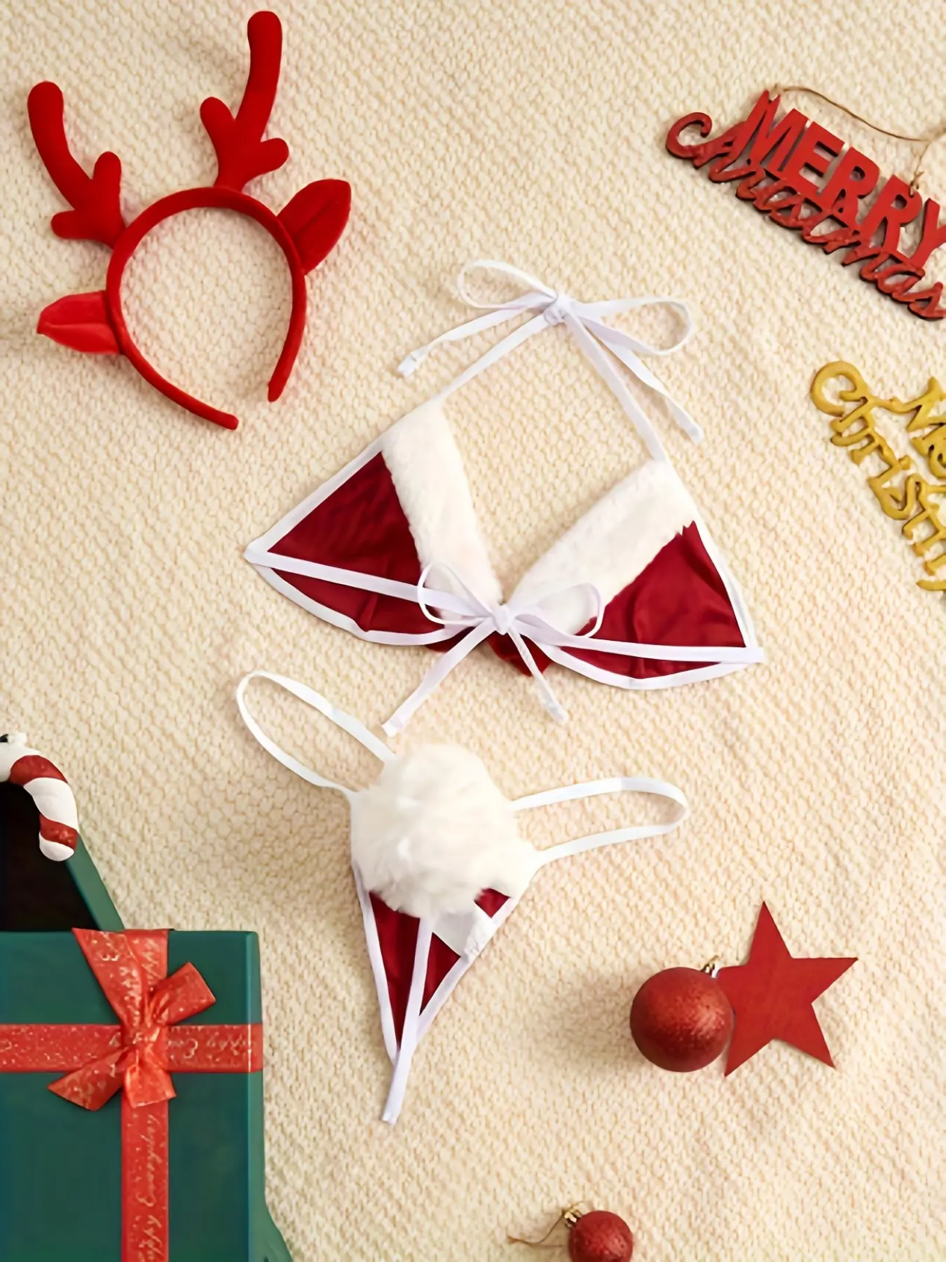 Furry Three-Piece Role-Playing Christmas Antler Lingerie, Sensual Costume for Adults, Festive Fantasy Wear, Unique Gift Idea