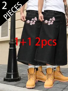 Buy One Get One Free 2pcs Men's Casual Japanese Street Style Cherry Blossom Embroidery Loose Fit Retro Harajuku Wide Leg Jeans Shorts