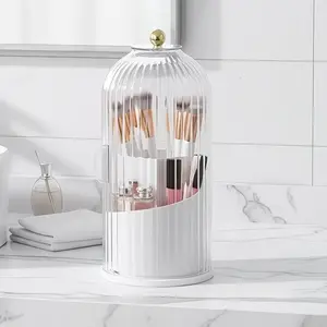 Dust-Proof Makeup Brush and Toothbrush Holder, 360° Rotating Bathroom Storage Box, Acrylic Lid, Vanity Organizer for Skincare and Cosmetics