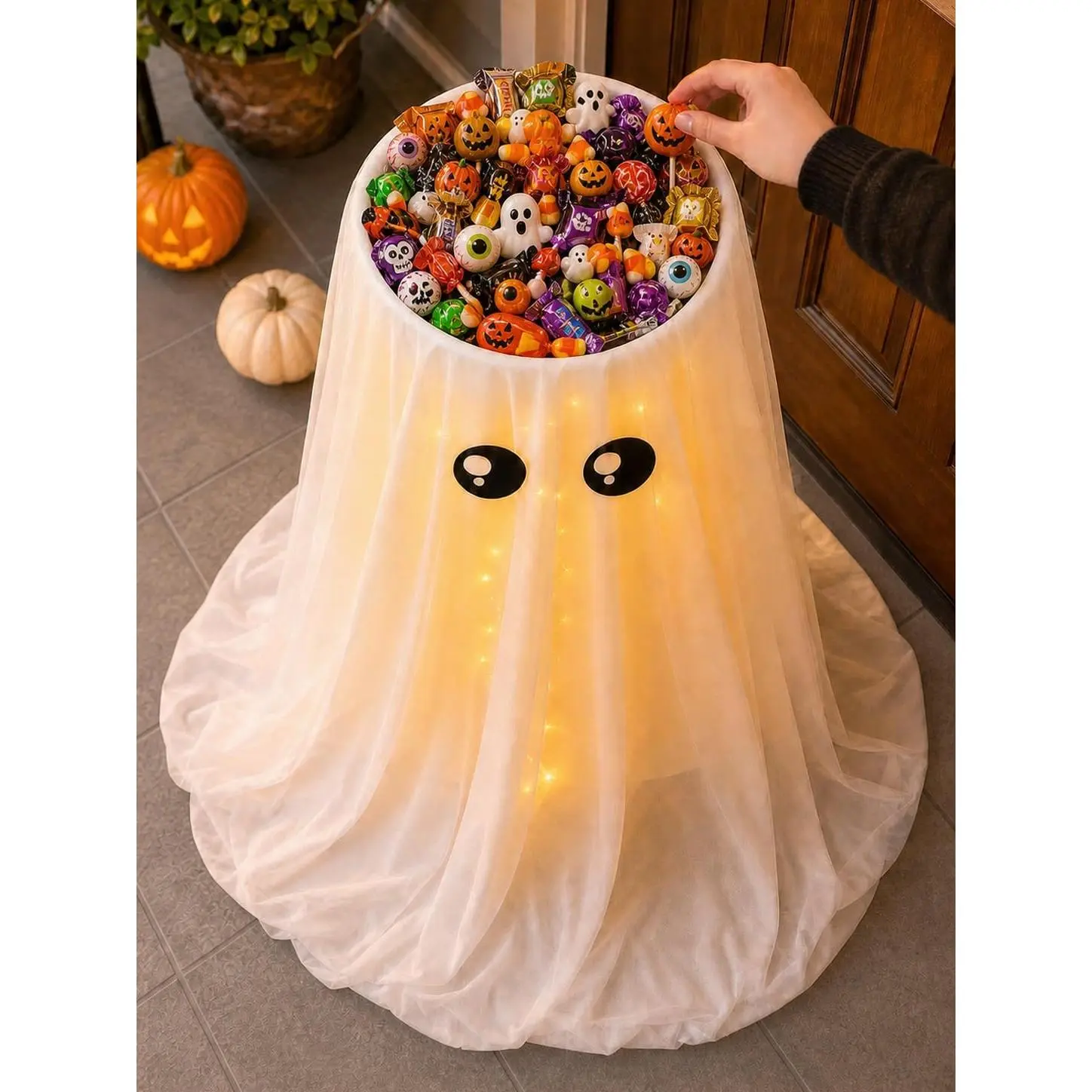 32 in Light Up Ghost Halloween Candy Bowl Stand, Porch Decor with Water Bag Base Weight, Soft Polyester Drape for Front Porch, Entryway Party Table, Soft Drapes