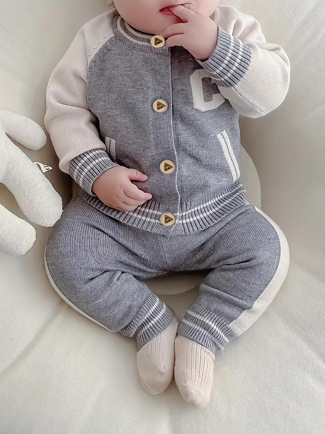 NewNewborn Boy Spring/Autumn Outfit Set    2-Piece Lettered Cardigan + Knit Long Pants – Stylish & Cozy for Outdoor Strolls! Adorable Infant Sweater Set, Soft for Daily Wear ✨