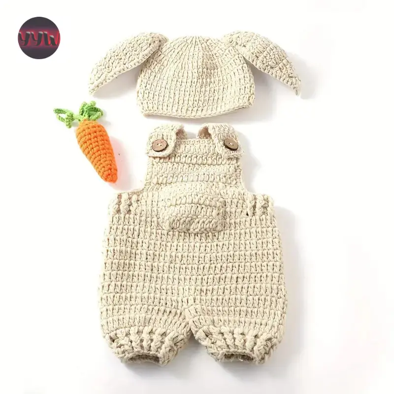 YYW1 NewNew[3pcs Handmade Crochet] Handmade Crochet Three-Piece Set |                   New Photo Studio Photography Props, Perfect 100-Day Anniversary Photoshoots or Home/Studio Themed Decorations Boys' Hooded Sweatshirt Set with Pattern