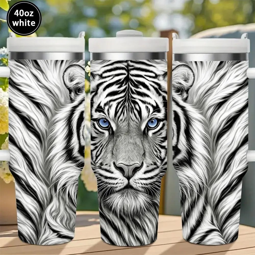 304 Stainless Steel Tumbler (12oz/20oz/40oz) - Multi-Size, Intricate Sketched White Tiger Design, Waterproof Lid & Straw, Winter Insulated, Gift-Ready for Office Use, Ideal Holiday Gift, Insulated Water Bottle, Dustproof