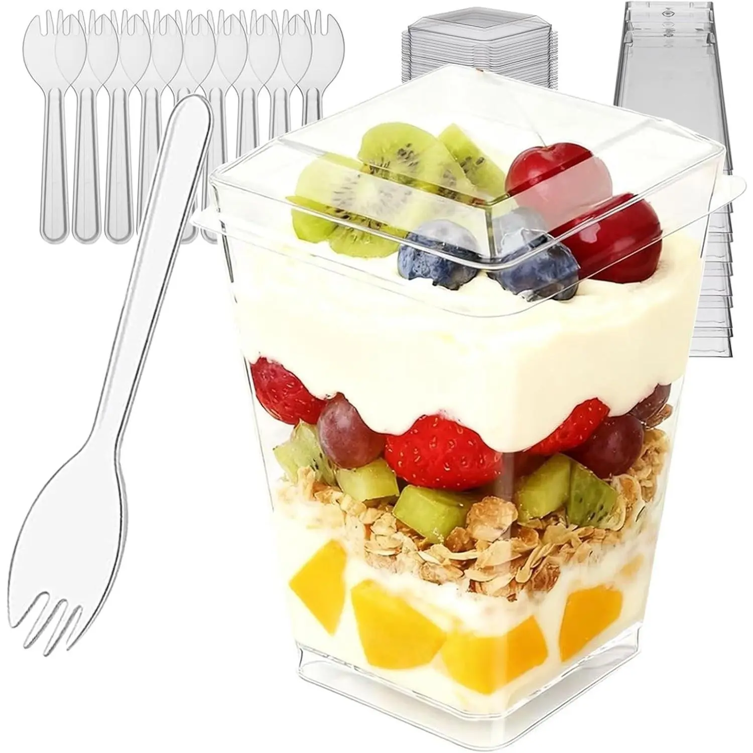 100 Sets (300 Pieces) Clear Dessert Cups with Lids and Spoons, 5.4oz Reusable Square Mini Parfait Cups for Party Appetizers, ChristmasGift