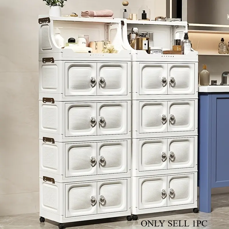 3/4/5/6 layers of foldable storage boxes with wheels, multifunctional stackable storage cabinets with handles, household plastic storage containers/shelves with magnetic double doors for easy assembly