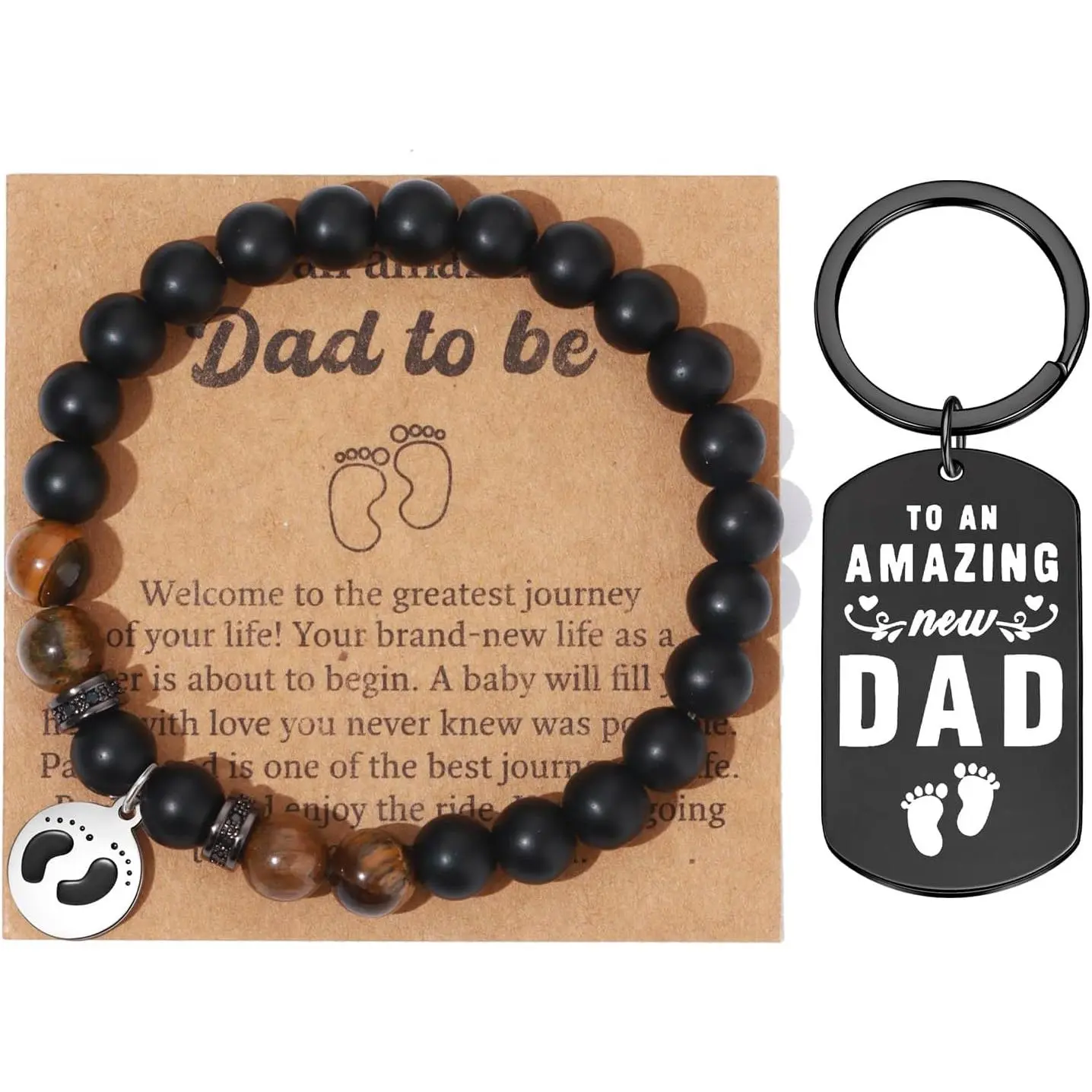 New Dad Gift Set, 7.5-inch Tiger-Eye & Onyx Beaded Bracelet with Footprint Charm and Matching Keychain for Men, Fathers Day, Pregnancy Announcements, Gender Reveals, All Seasons, Anniversary, Beads, Birthday, Brown Tiger-Eye, Durable Footprint Charm, Char