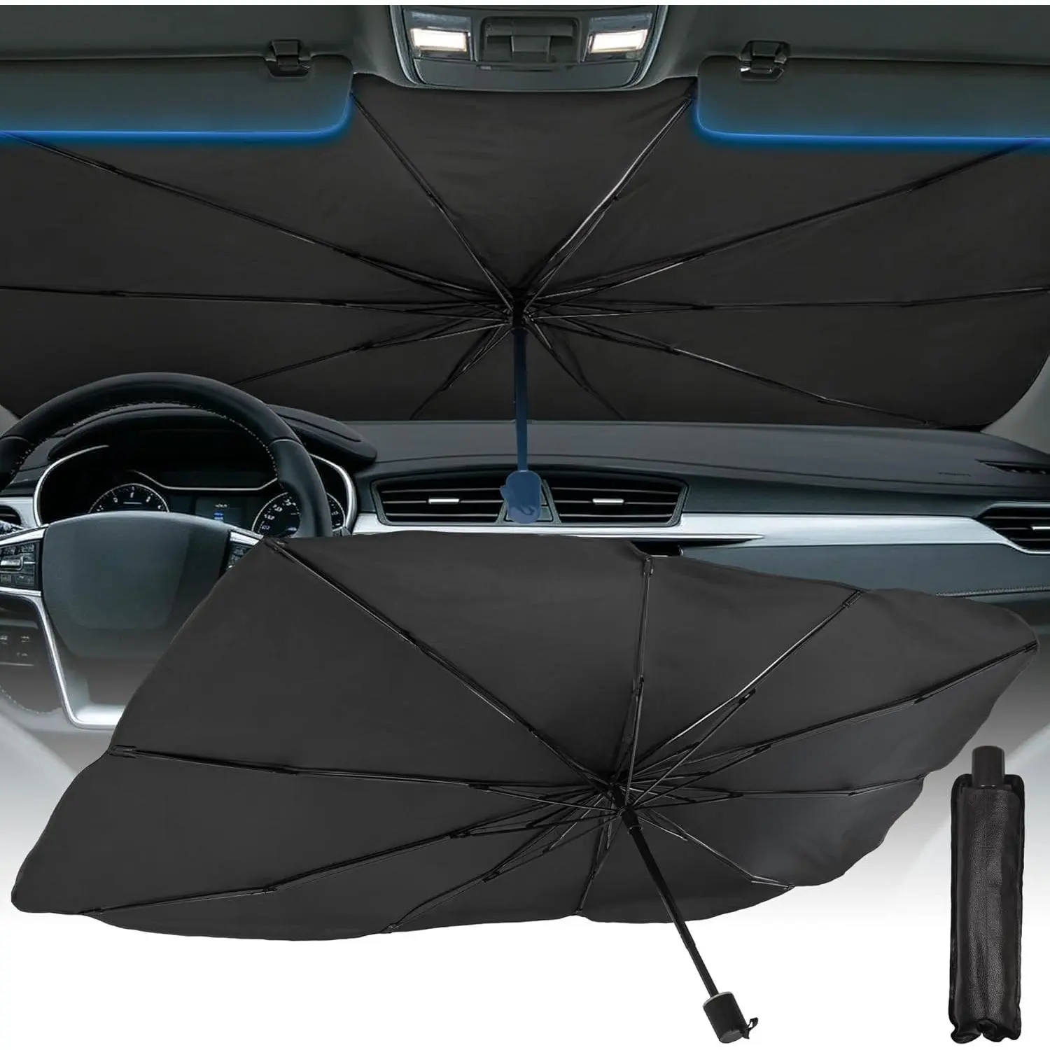 [2026 Upgrade] Windshield Sun Shade Umbrella, Foldable Car Front Window Sunshade with Titanium Coating, UV Rays Blocker & Heat Shield, Keep Vehicle Cool for Car SUV Truck RV Camper Sedan (51in x 31in)