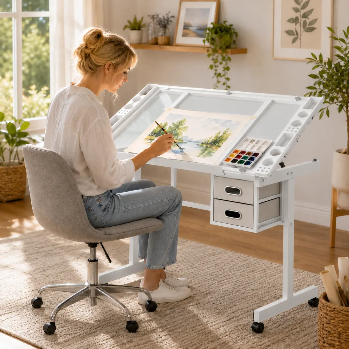 Adjustable Art Drawing Desk Craft Station Drafting   with 2  fabric  Drawers and 4 Wheels (white)