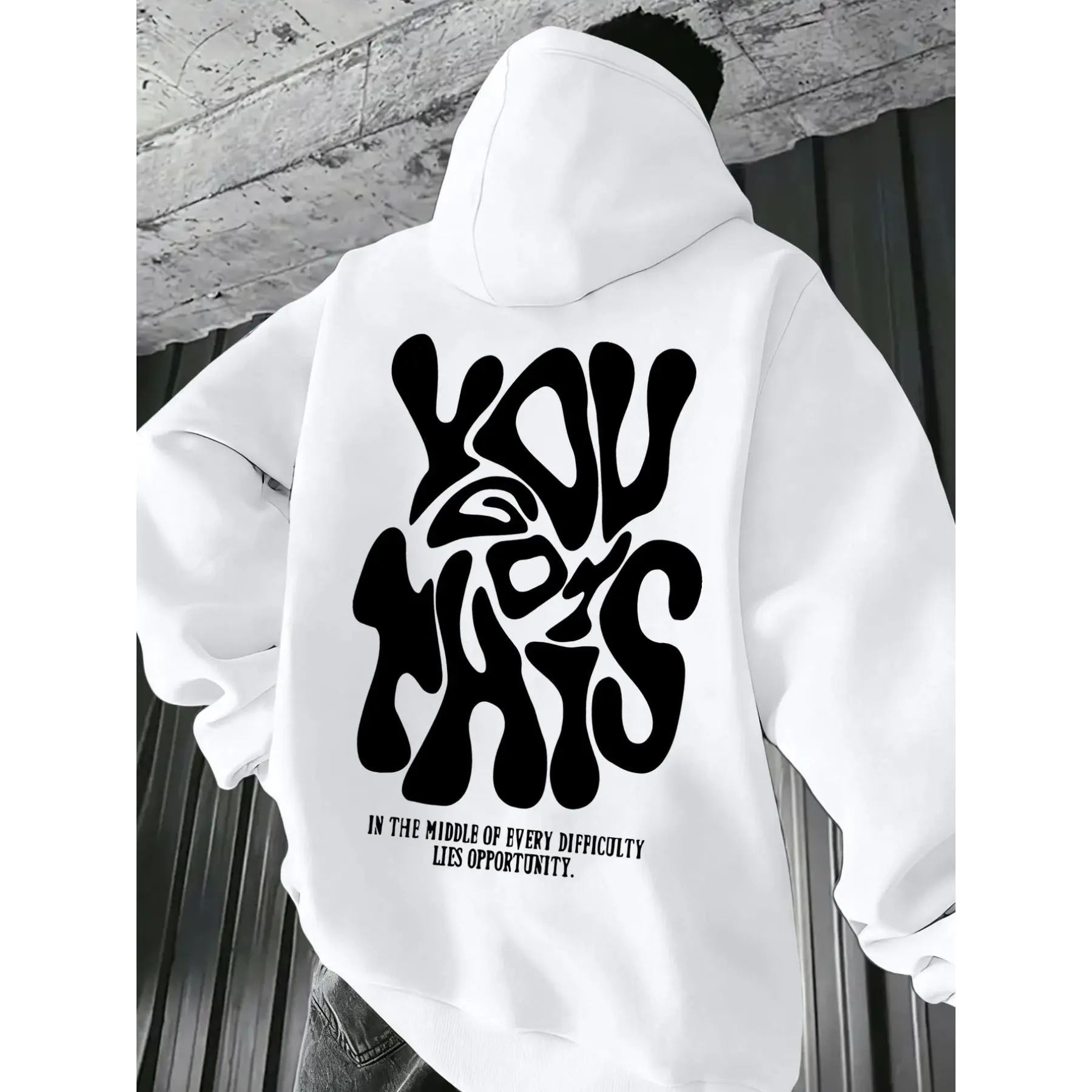 Y2K Wavy Bubble Text Back‑print Hoodie Retro Inspirational Slogan Aesthetic Graphic Pullover Sweatshirt Oversized Loose‑fit Black And Pure‑white Long‑sleeve Hooded Top 90s Hip‑hop Casual Street‑wear Outerwear