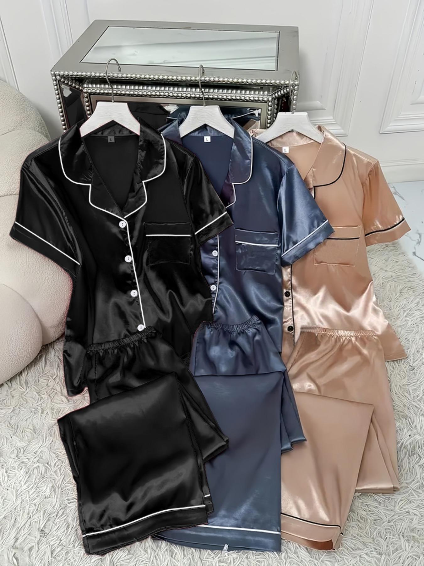 Women's Contrast Binding Lapel Shirt & Elastic Waist Pants Satin Pyjama Set, Casual Comfy Short Sleeve Pocket Button Up Top & Elastic Waist Long Trousers PJ Set, Ladies Sleepwear for All Seasons, Pajama Set