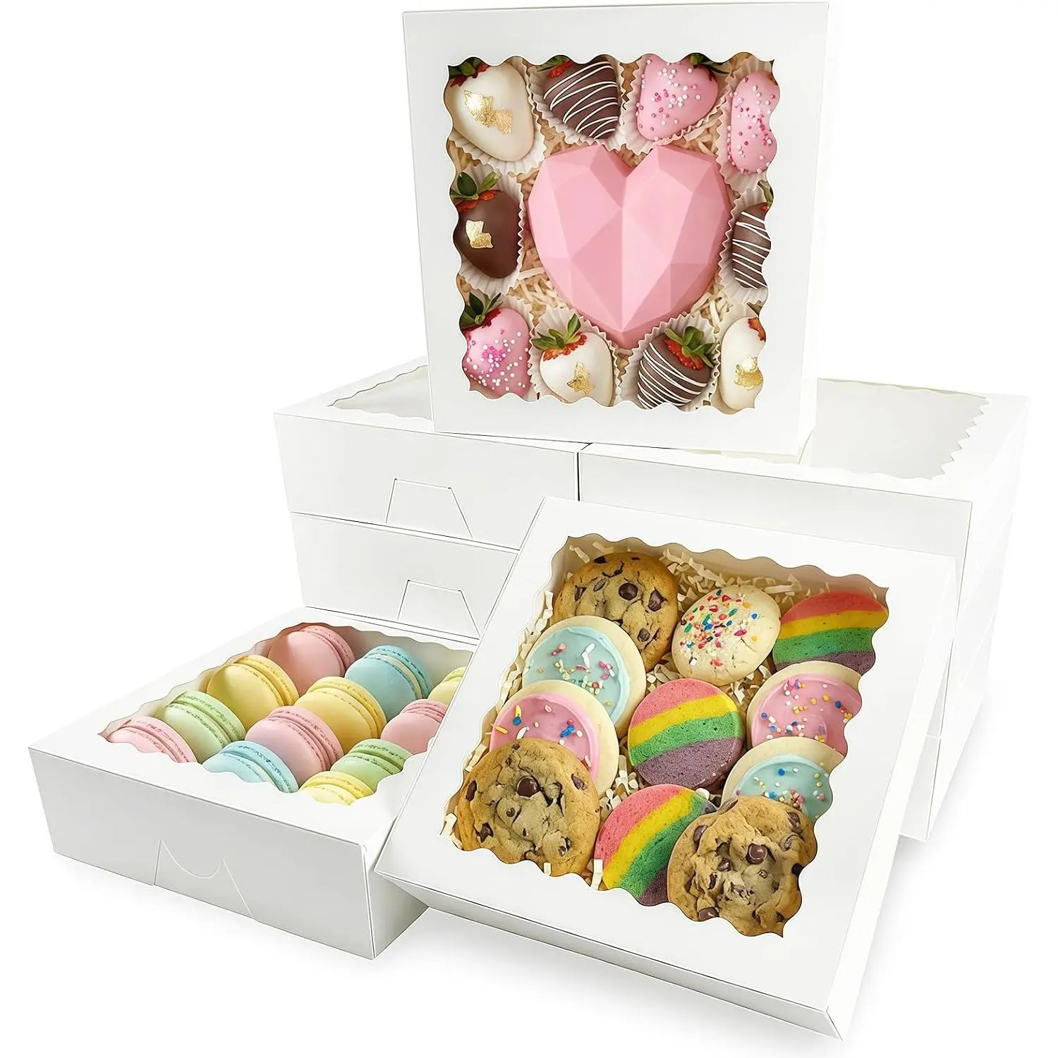 12 Pack White Pie Box Bakery Boxes with Window, 8 x 8 x 2.5 Inches Auto-Popup Cookie Boxes  Boxes for  Strawberries, Pastries, Muffins, Donuts
