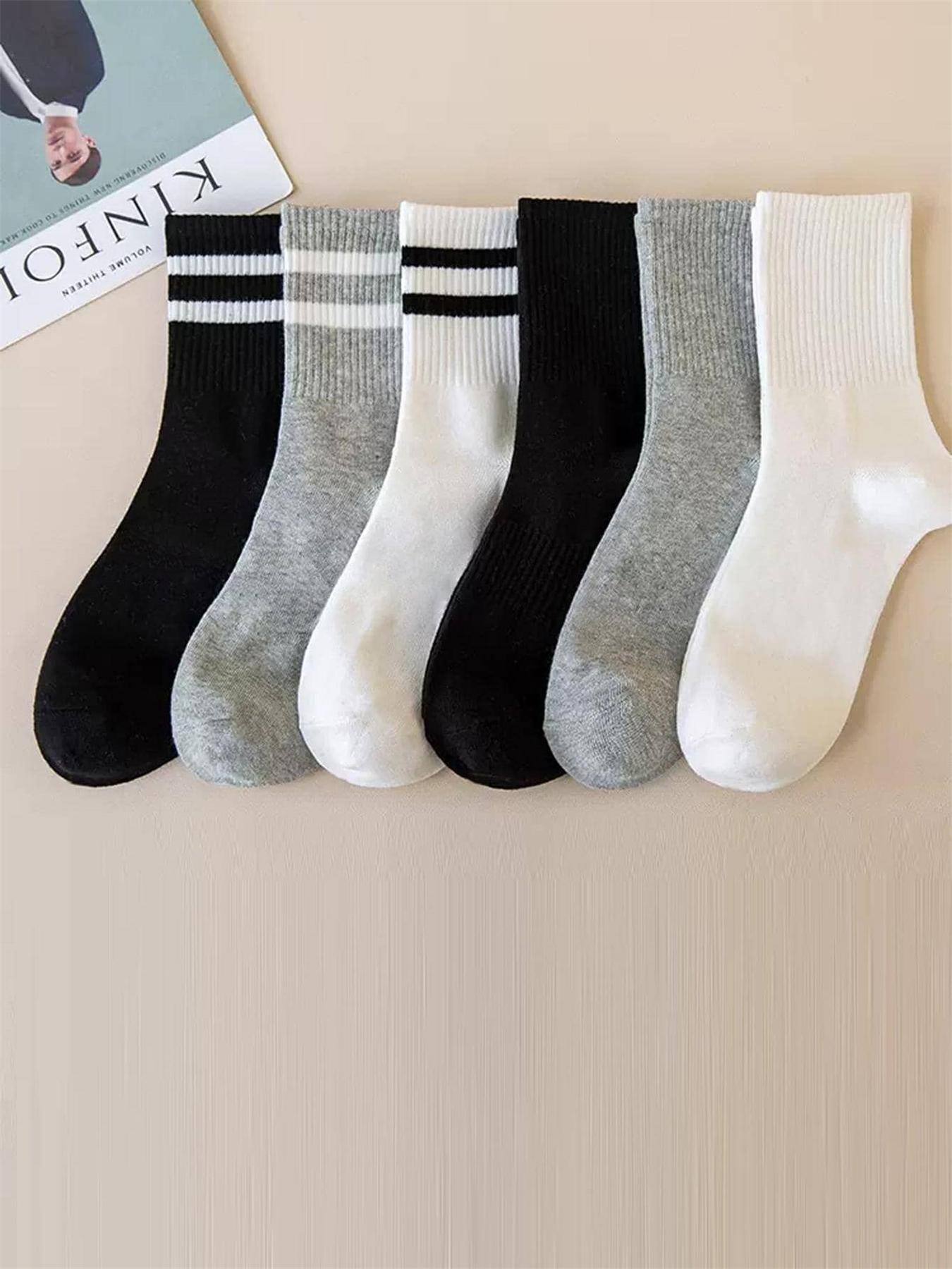 Striped Print Crew Socks, Mid-calf Socks, Athletic Running Socks, Multi-pack Mid Tube Socks, Basic Essential Knit Socks, Versatile Street Style Womenswear