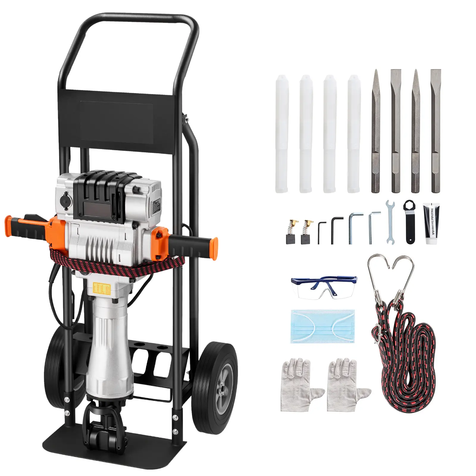 Demolition Jack Hammer, 2100 W Powerful Electric Jackhammer, 1650 BPM Concrete Breaker with 2 Point Chisels, 2 Flat Chisels, Hand Trolley, Gloves, for Concrete, Wall, Brick, Tile and Foundation