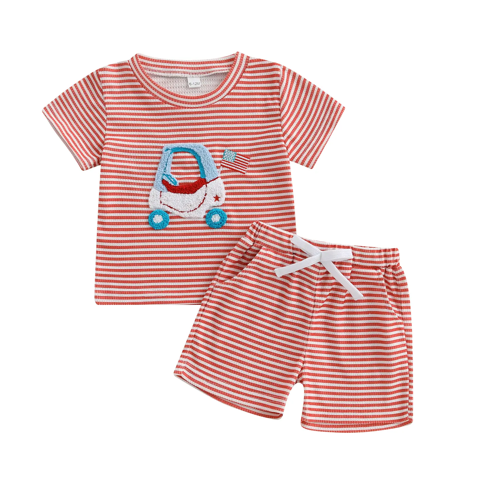 Baby Boy 4th of July Outfits Short Sleeve Cart Embroidery T Shirt + Shorts Set Toddler Clothes