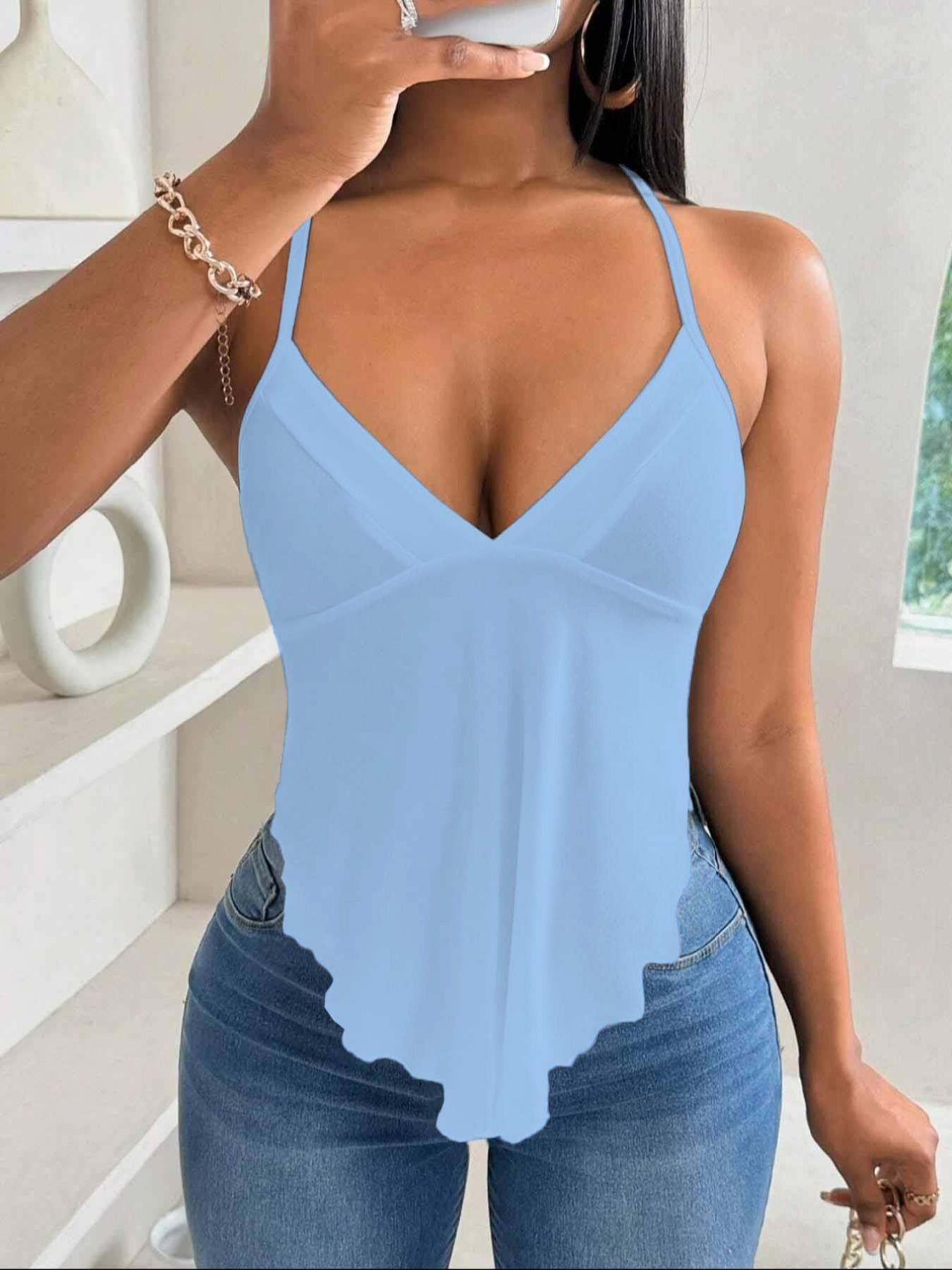 Women's Plain Lace Up Backless Asymmetrical Hem Knitting Fabric Cami Top, Casual Sleeveless V Neck Top for Summer, Ladies Clothes for Daily Wear, Womenswear