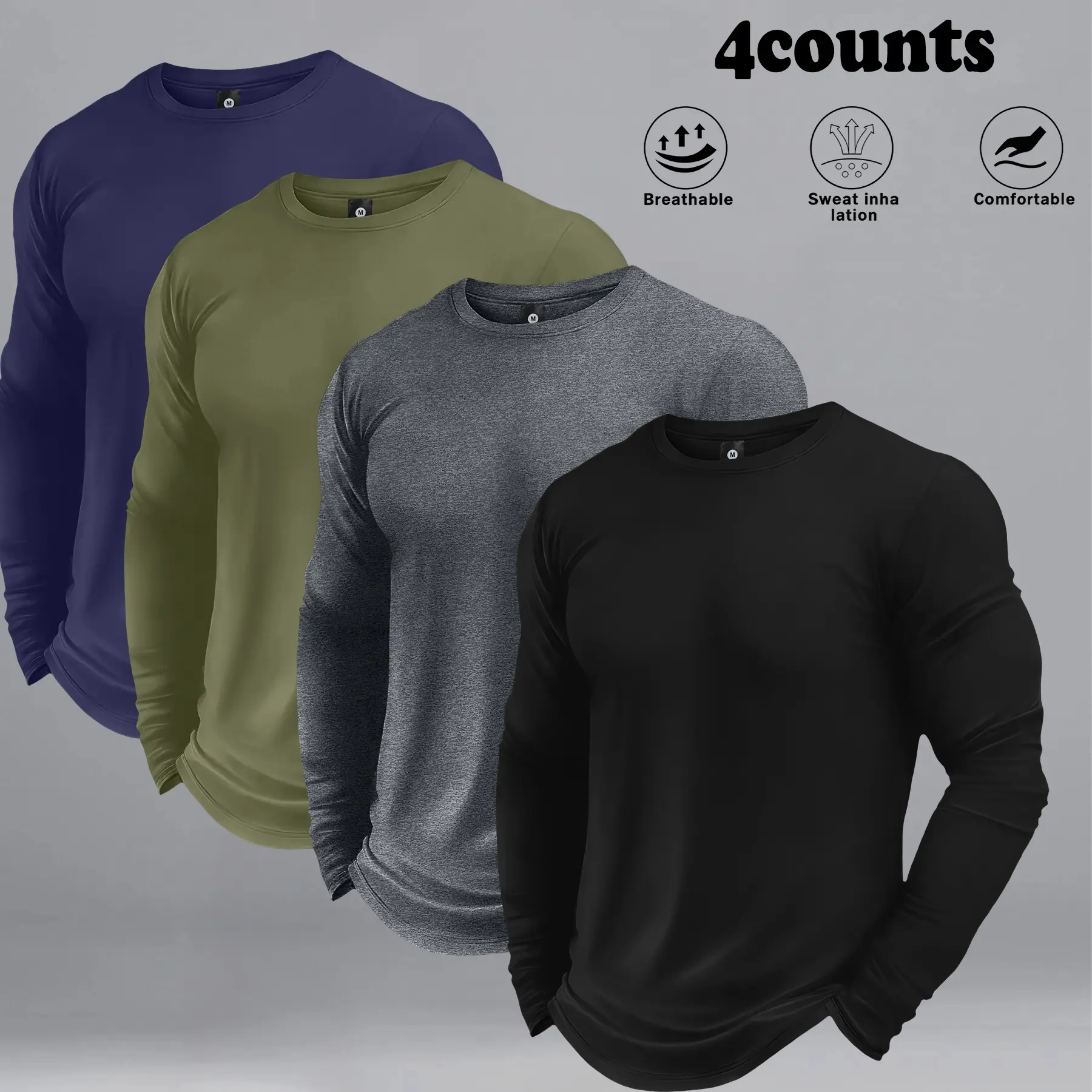 Men's 4-Pack Solid Long Sleeve T-Shirts, All-Season Casual Vintage Breathable Tops for Gym Workouts & Outdoor Sports, Mens Clothing,back to school,back to school shopping, Men's T Shirts, Long Sleeve Shirt