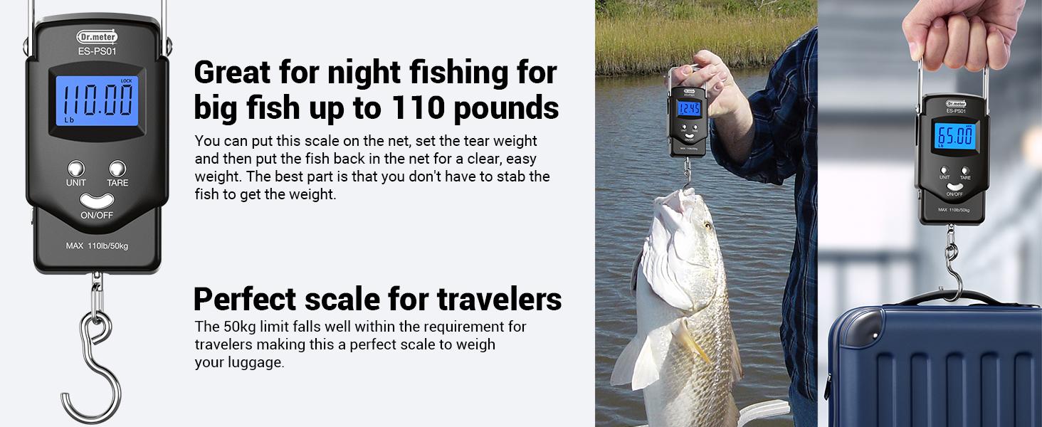Electronic fish scale/luggage scale (fishing equipment) -110 pound backlit LCD display digital scale, built-in tape measure - comes with 2 AAA batteries, compact and portable - a fishing gift specially designed for men