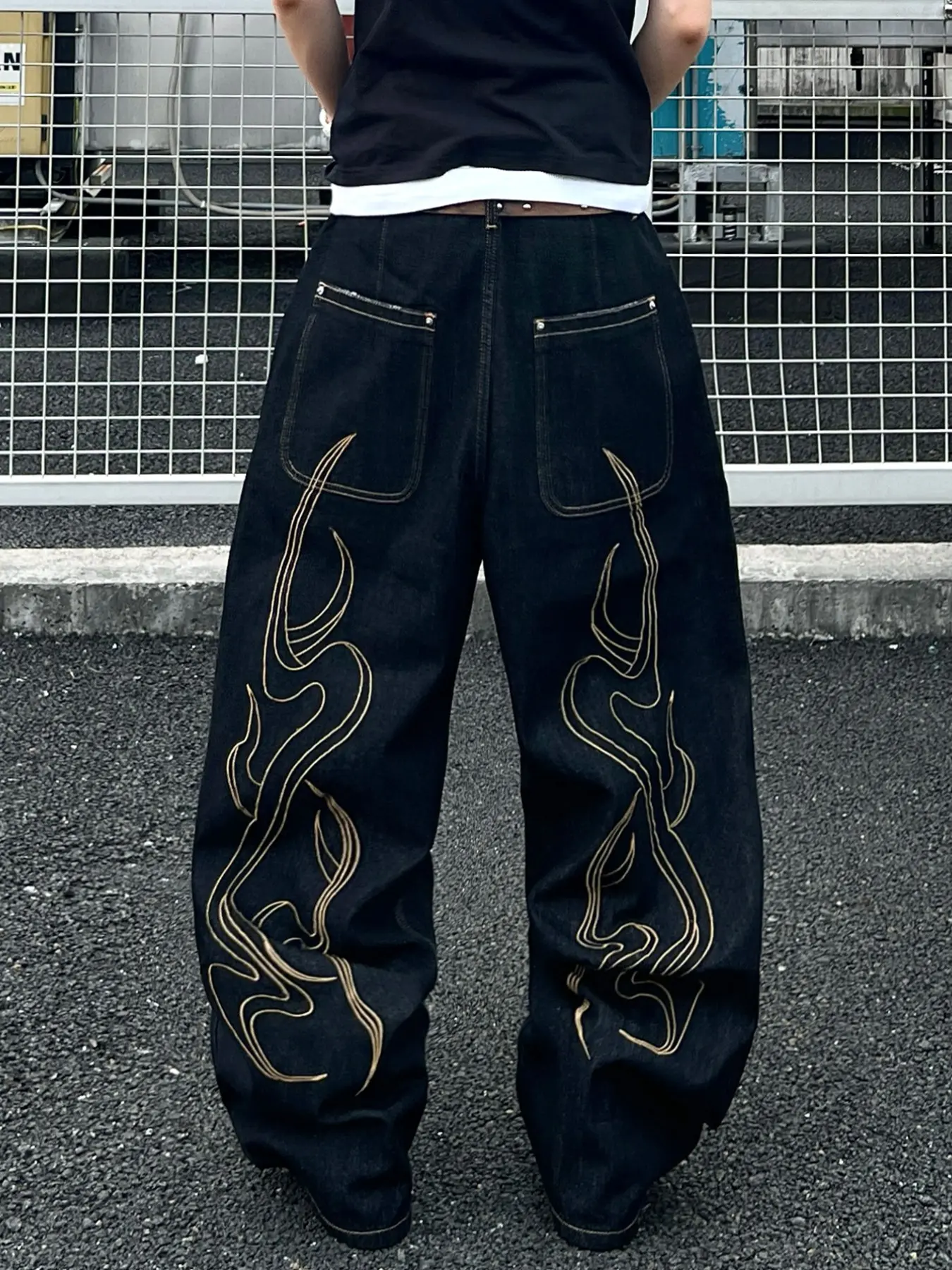 American High Street Unique Design Back Embroidered Loose Jeans, Vintage Washed Ripped Straight Leg Wide Leg Pants, All Seasons