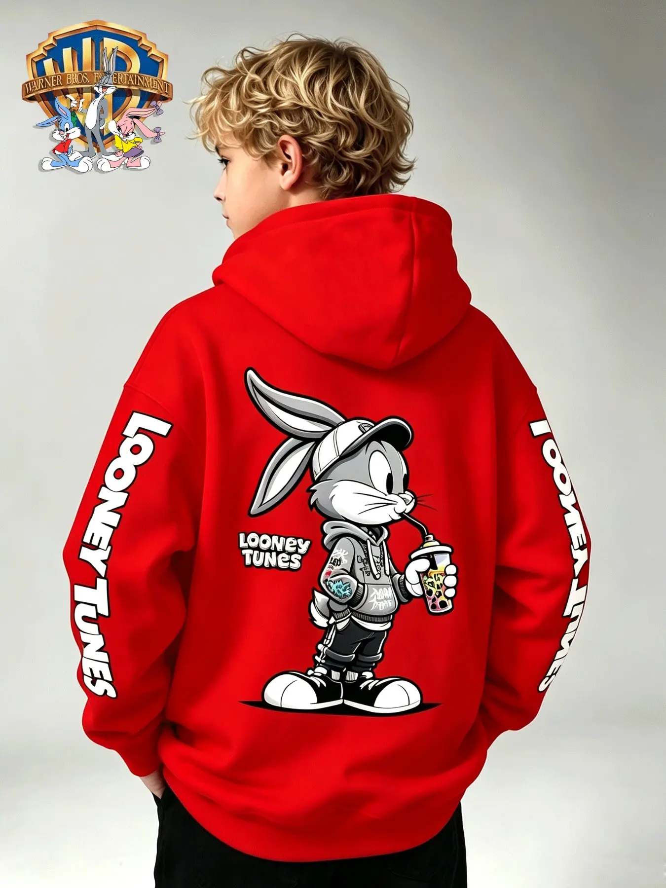 Loose-Fit Hooded Sweatshirt, Looney Tunes Bugs Bunny Print, Long Sleeve, Casual Fall & Winter, Unisex Kids Jacket