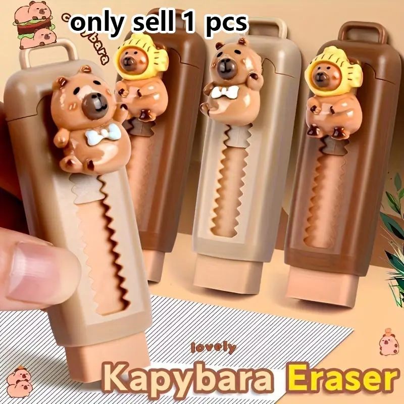 Capybara Eraser with Retractable Push-Pop Design, Cute Animal Theme Durable Polyester Eraser for Writing Stationery, School, Office & Art Supplies (Multiple Colors)