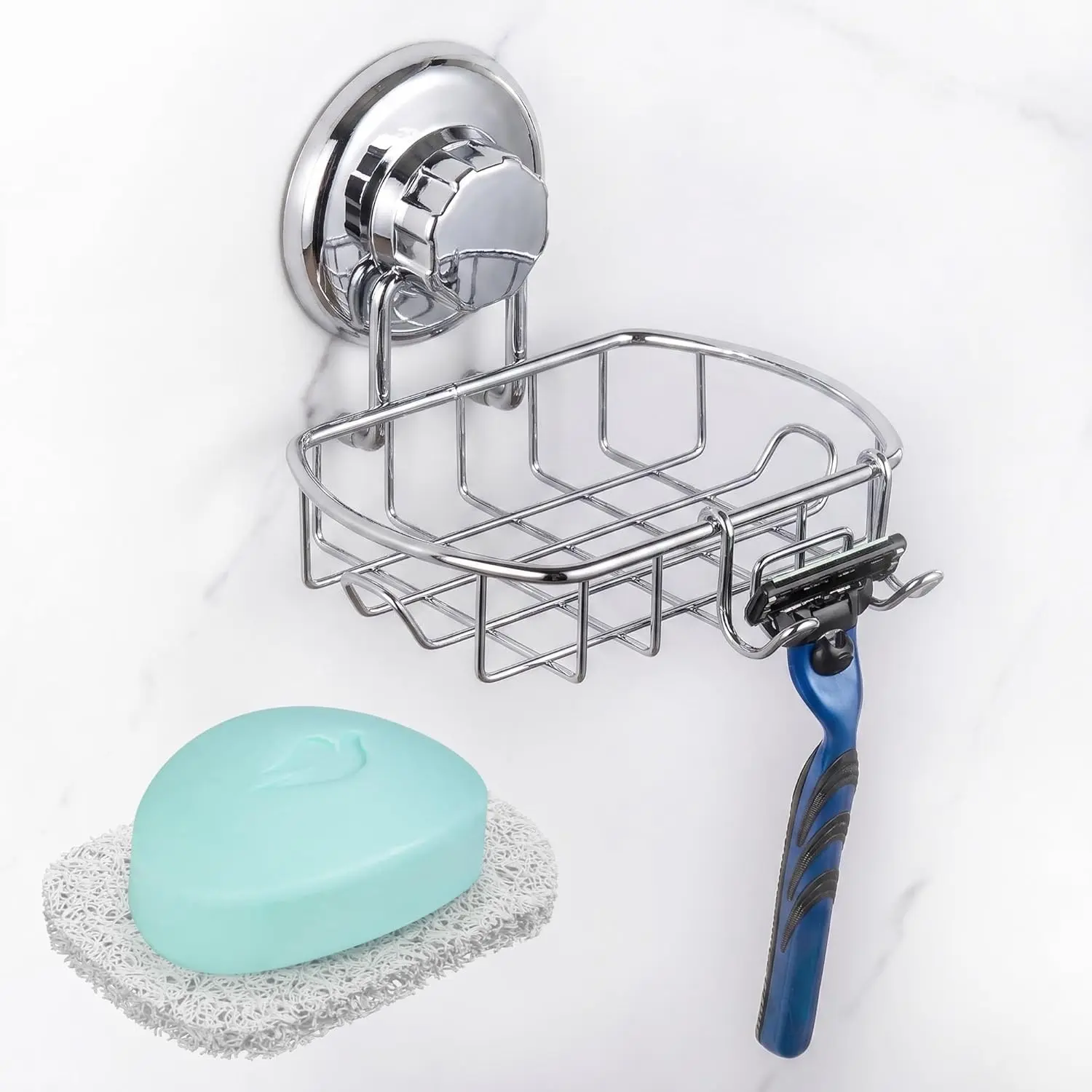 Suction Soap Dish with Hooks | Powerful Vacuum Suction Cup Soap Holder | Soap Basket Holder for Bathroom & Kitchen (Polished Stainless Steel SS304)