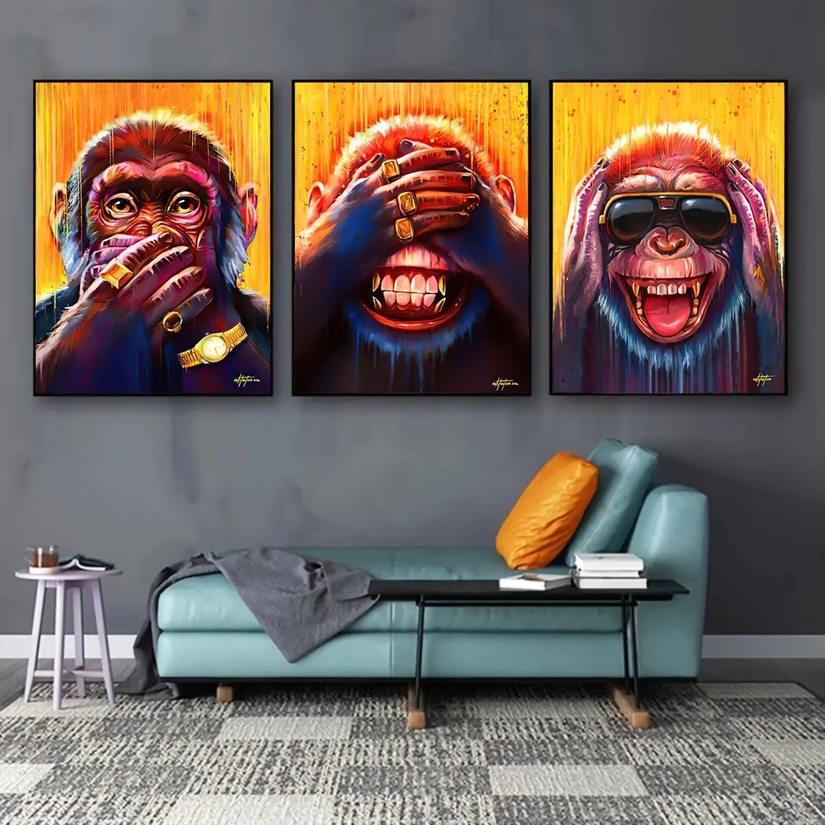 Playful 3-Piece Monkey Animal Posters-Prints, Unframed Contemporary Alphabet-Themed Wall Art for Kid Room Decoration, Home Supplies