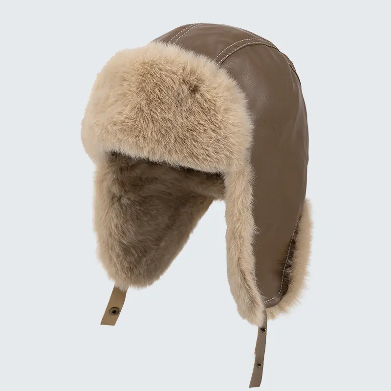 Unisex Retro Windproof Leather Aviator Biker Hat Winter Thickened Fleece-lined Warm Winter Hat With Full Ear-flaps Vintage Outdoor Cold Weather Wind Resistant Thermal Trapper Hat Versatile Daily Travel Skiing Essential Winter Headwear Accessories