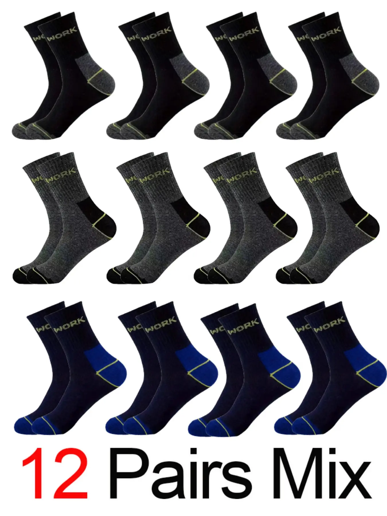 12 Pairs Men's Work Socks, Durable and Comfortable, Ideal for Daily Wear, Perfect Gift for Men, Sizes 36-42, Sporty Style, Calf High
