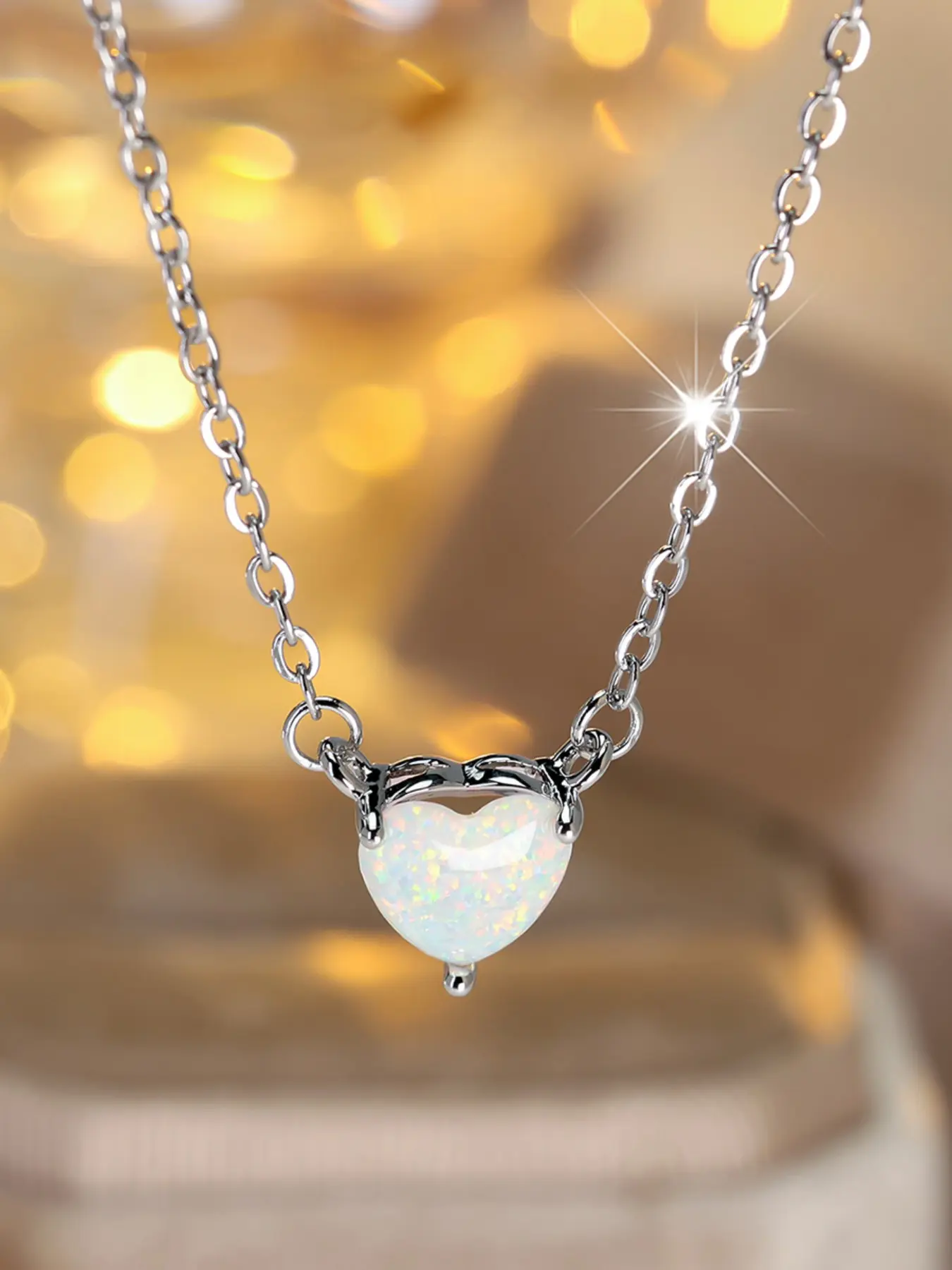 Cute Heart Necklace for Women & Girls Synthetic Opal Chain Necklaces Stackable Design Delicate Jewelry Perfect for Engagement Weddings Party, Daily Wear Anniversary Gift