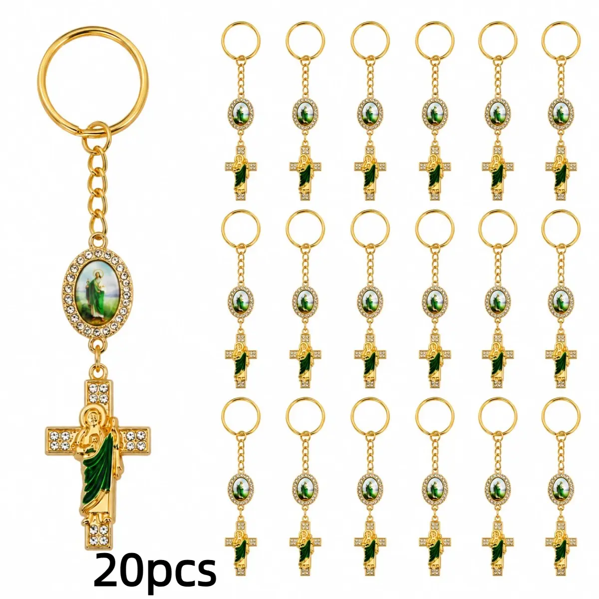 20pcs Rhinestone St Jude Cross Keychain Charms, Religious Saint Jude Medal Bag Pendants, Baptism Communion Confirmation Gifts