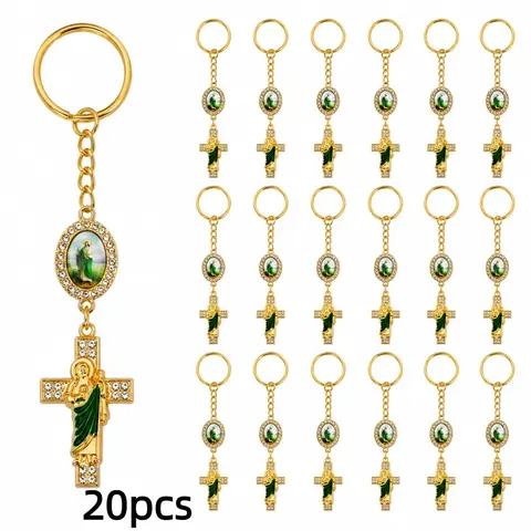 20pcs Rhinestone St Jude Cross Keychain Charms, Religious Saint Jude Medal Bag Pendants, Baptism Communion Confirmation Gifts, Keychain Collectibles