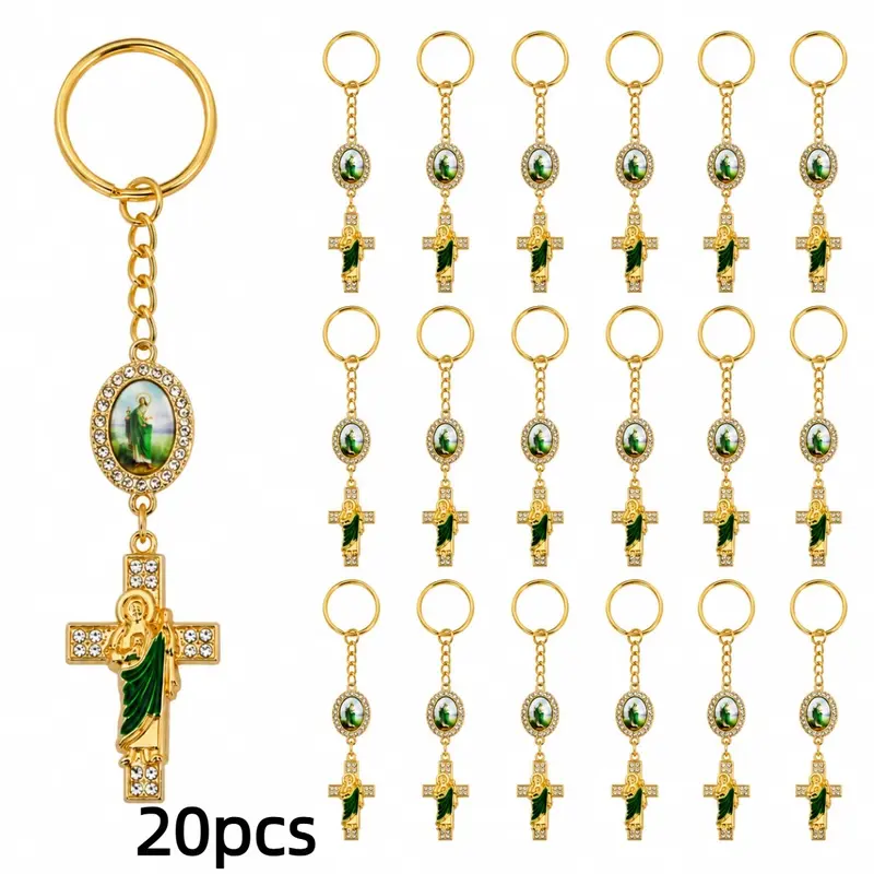 20pcs Rhinestone St Jude Cross Keychain Charms, Religious Saint Jude Medal Bag Pendants, Baptism Communion Confirmation Gifts, Keychain Collectibles