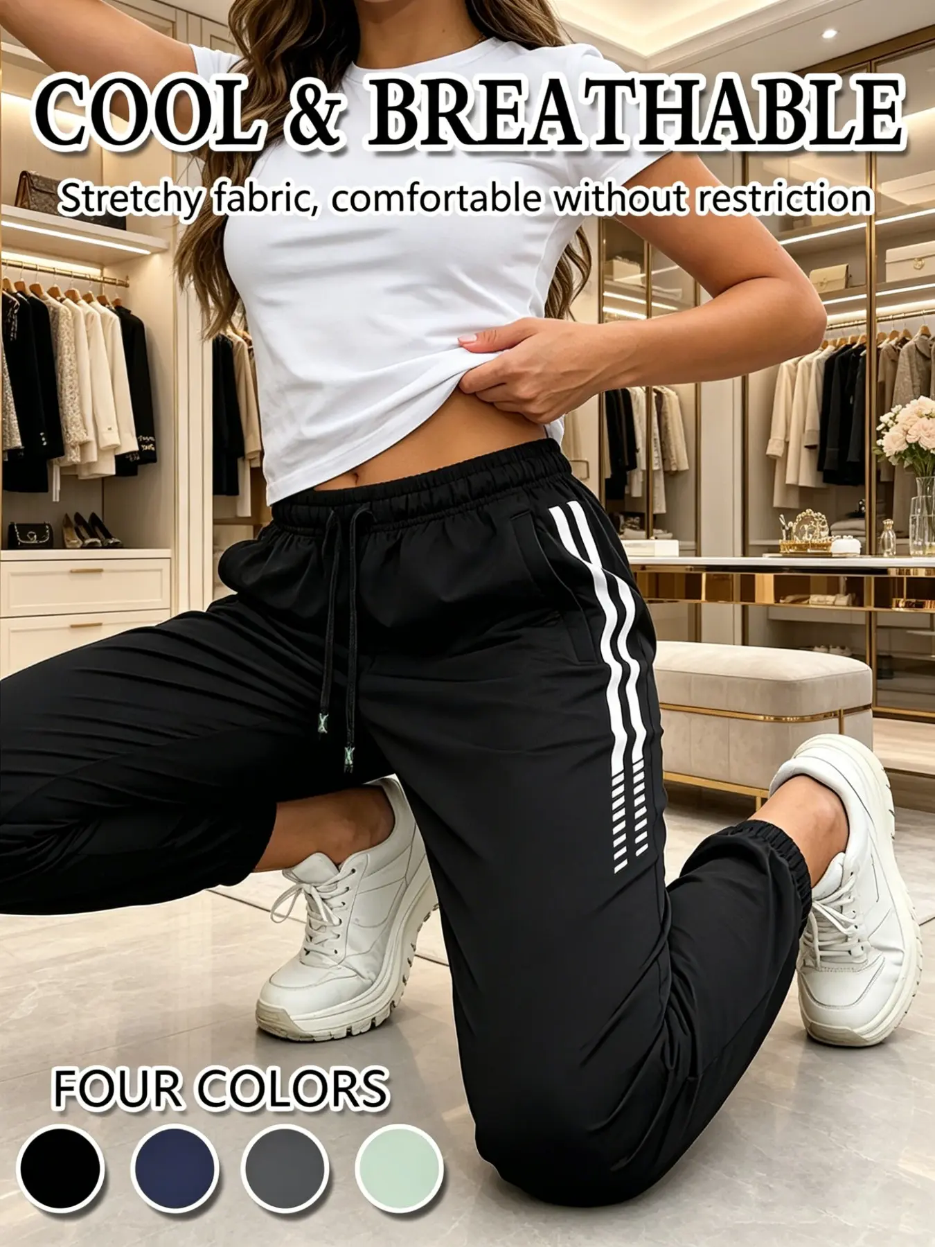 DLGK Women's Summer Sporty Athletic Ankle-Length Pants, Slim-Fit Natural Waist Drawstring Elastic Waist, Comfortable Lightweight Fashion Casual Outdoor Wear
