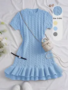 Trendy Short Sleeve Knit Dress for Women, Summer New Round Neck Bodycon Slim Fit High-End Style, Unique Design Cable Texture Elegant Casual Dress, Casual Wear, Womenswear, Aesthetic