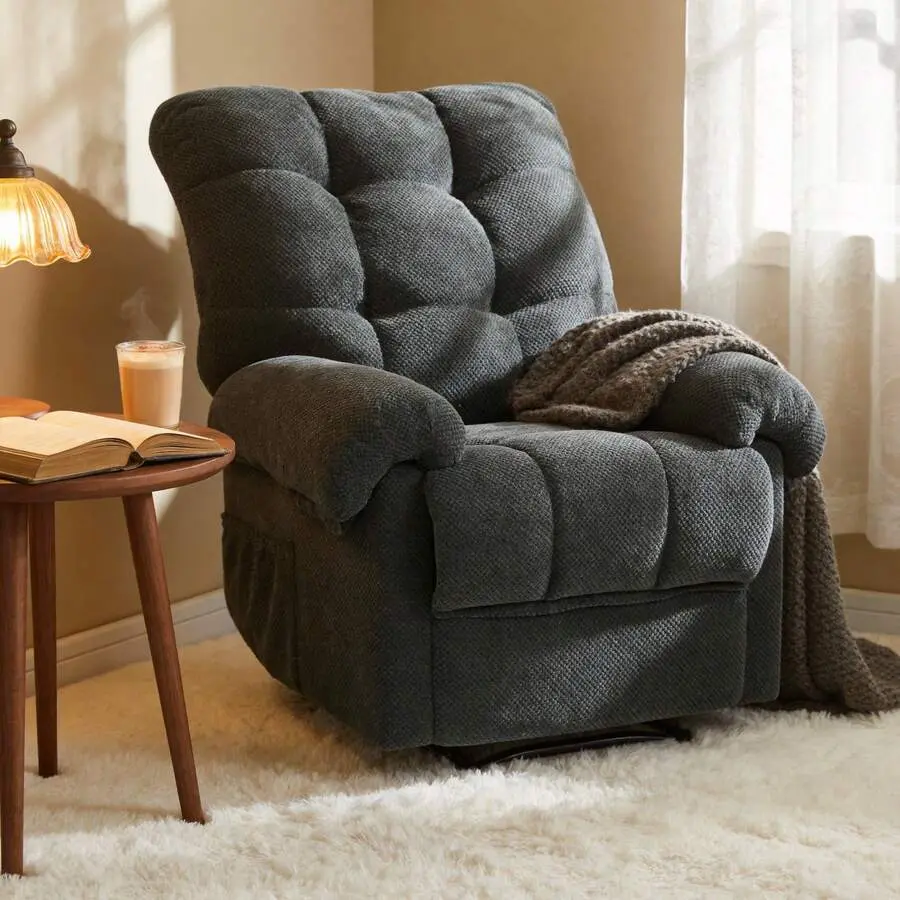 Dark Gray Recliner Chair, Overstuffed Armchair, Recliner, Living Room Seating, Reading Chair, Padded Footrest, Home Theater Seating, Ergonomic Lounge Chair, Soft Recliner, Furniture.