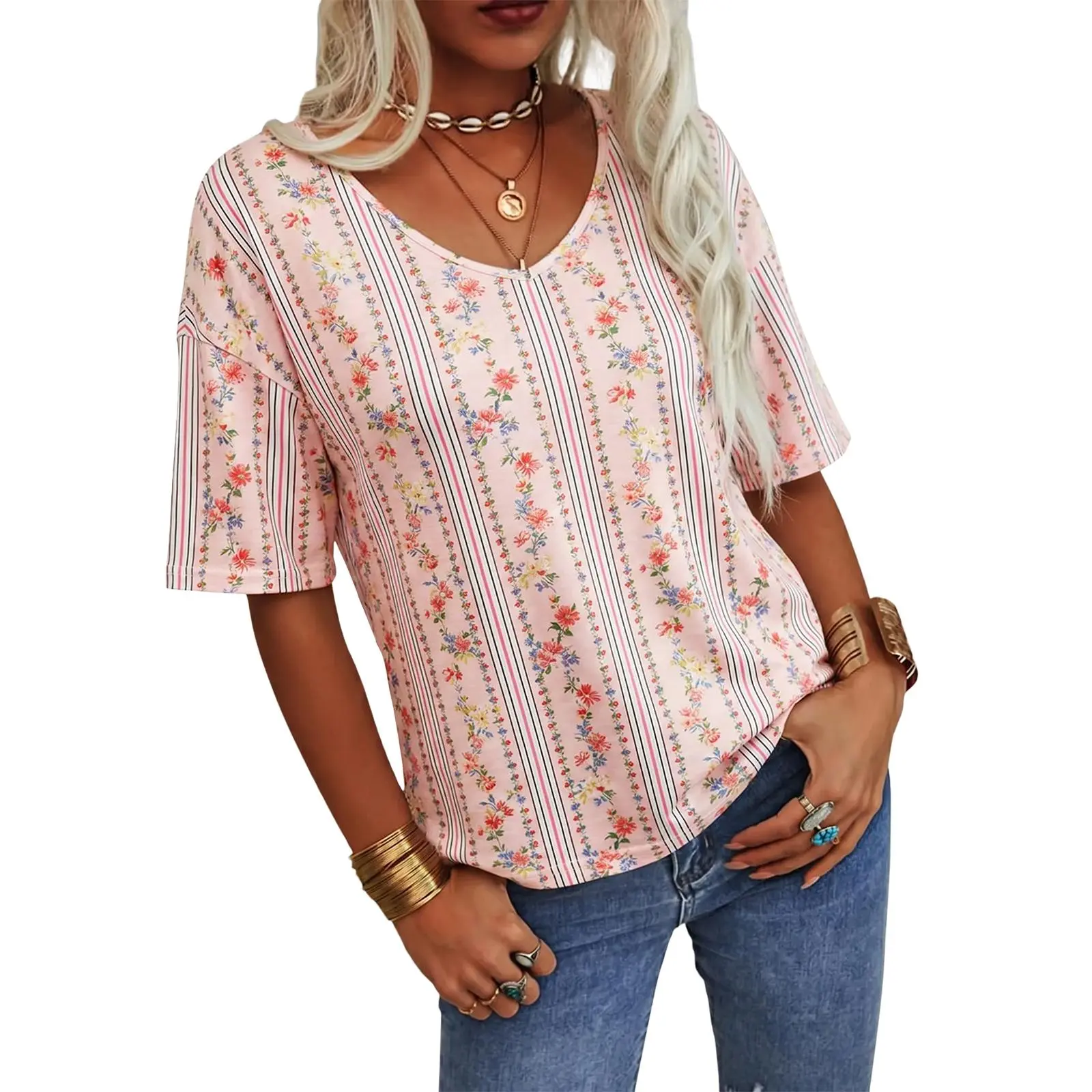 Imily Bela Women's  Soft V Neck Tee Half Sleeve Lightweight Pink Flower Print Fit Shirt Minimalist Top  Casual Comfortable Simple Womenswear shirts